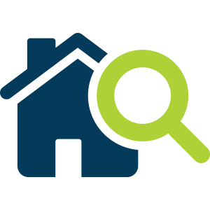 An icon of a house and magnifying glass depicting looking for housing